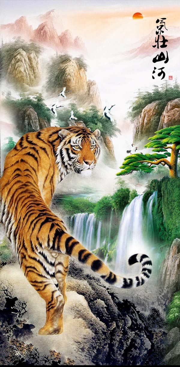 辦公室設計掛虎畫，上山虎和下山虎那種更適合